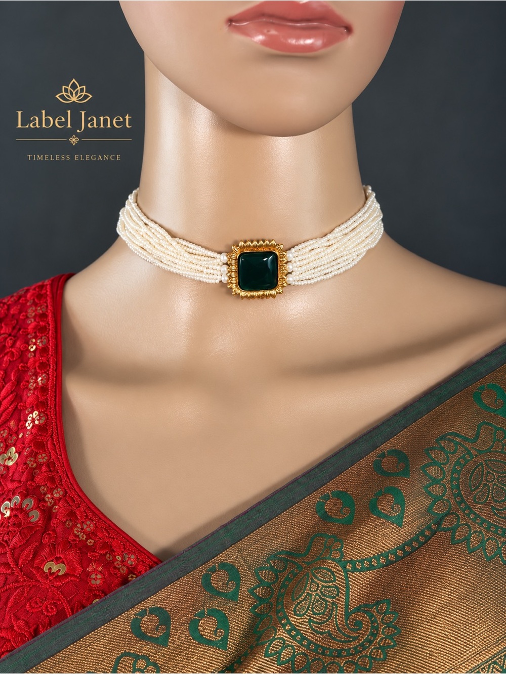 White Pearl Choker with Emerald Green Centerpiece